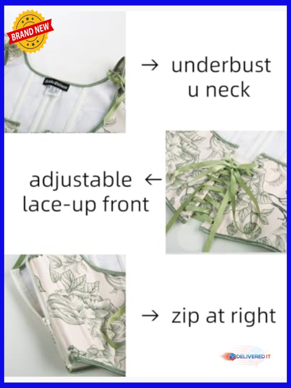 Underbust Corset Top with Zipper, Plastic Bones, Lace-up, Adjustable Shoulders - Picture 2 of 7